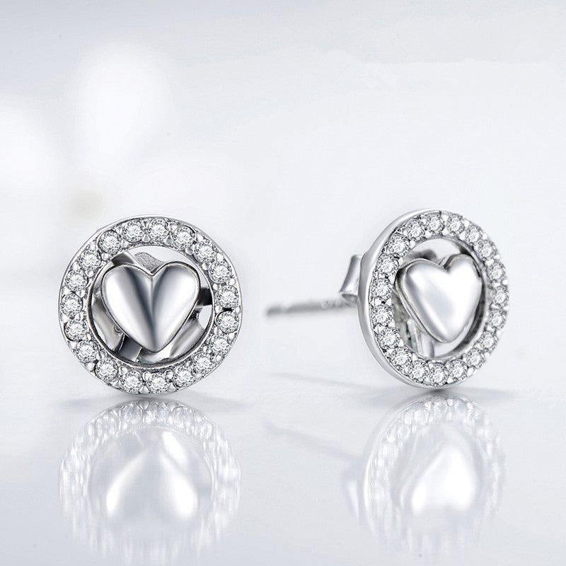 Sterling Silver Pave Heart Circle Studs