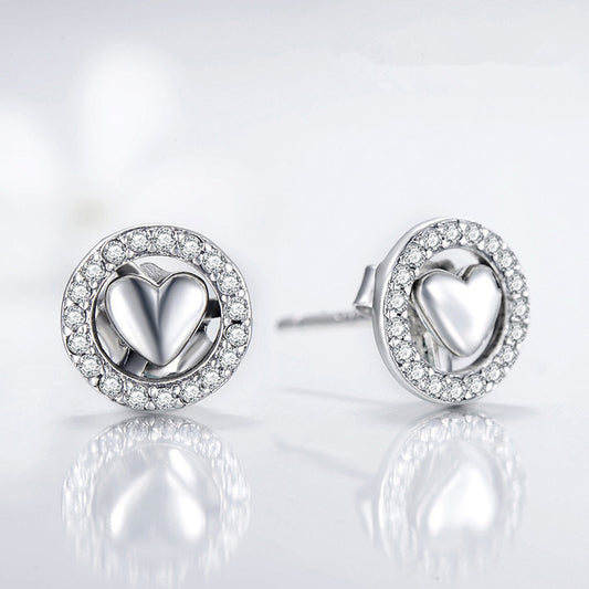Sterling Silver Pave Heart Circle Studs