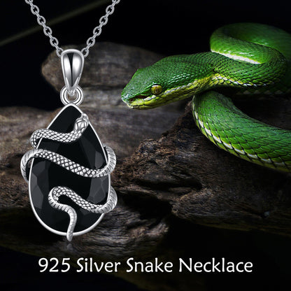 Sterling Silver Obsidian-Tourmaline Snake Pendant Necklace