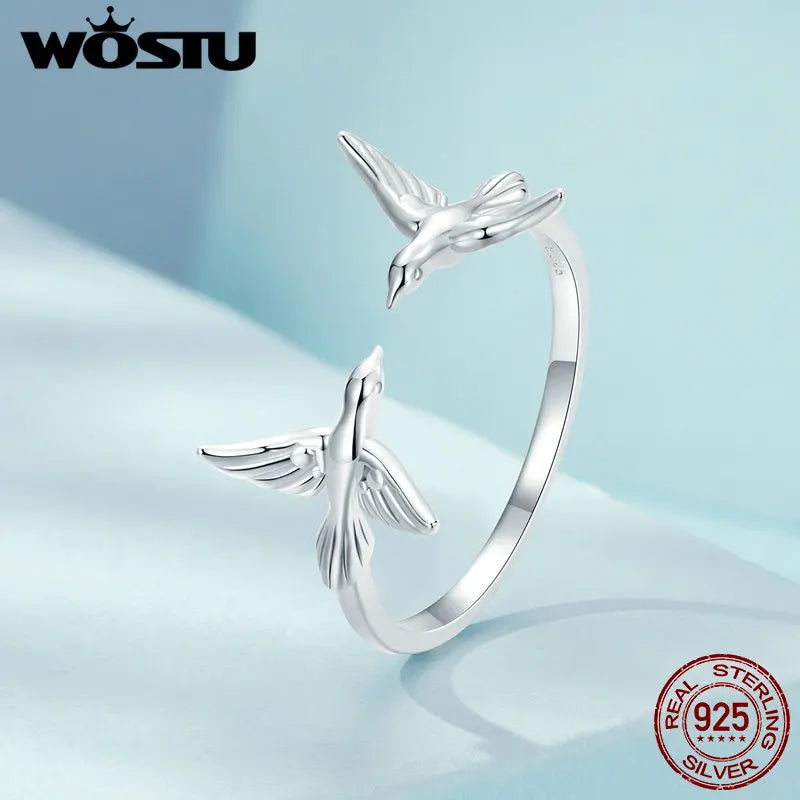 Real 925 Sterling Silver Double Kingfisher Opening Ring for Women Cute Bird Stackable Rings Jewelry Gift Party Accessories
