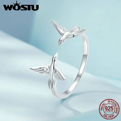 Real 925 Sterling Silver Double Kingfisher Opening Ring for Women Cute Bird Stackable Rings Jewelry Gift Party Accessories