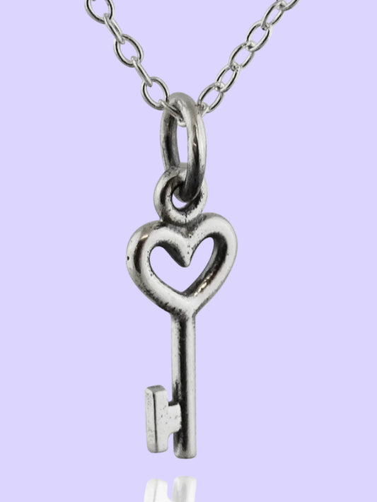 Sterling Silver Tiny Heart Skeleton Key Charm Necklace, 18" Chain