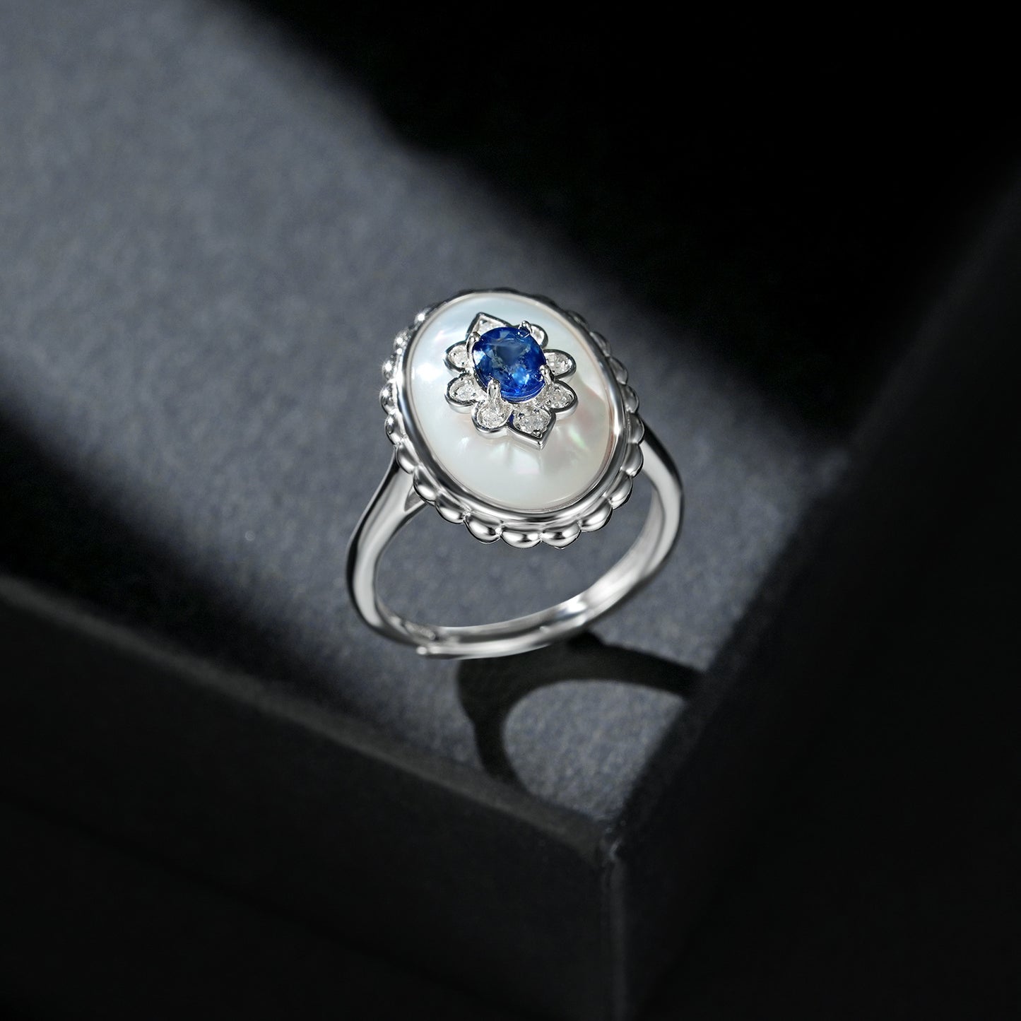 Sterling Silver Art Deco Framed Sapphire Coin Ring
