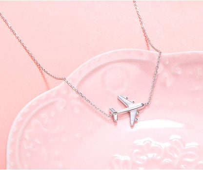 Airplane Sideways Choker Necklace S925 Sterling Silver Aircraft Jelwery Adjustable Clavicle Necklace 15+3 Inch for Women Lady, Best Gifts for Stewardess Flight Attendants