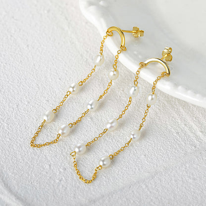 Sterling Silver Pearl Chain Tassel Dangel Earrings