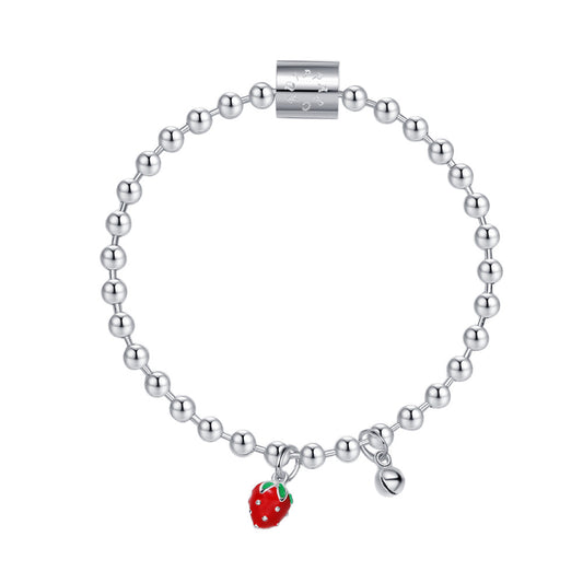 Sterling Silver Tiny Strawberry & Bell Silver Bead Bracelet