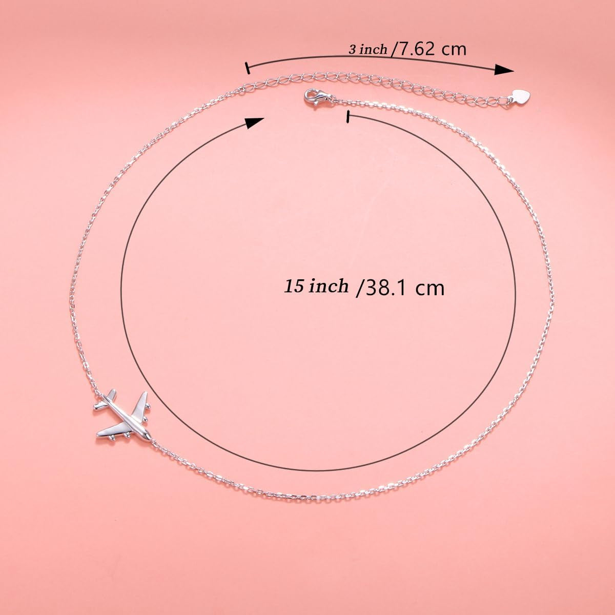 Airplane Sideways Choker Necklace S925 Sterling Silver Aircraft Jelwery Adjustable Clavicle Necklace 15+3 Inch for Women Lady, Best Gifts for Stewardess Flight Attendants