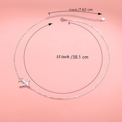 Airplane Sideways Choker Necklace S925 Sterling Silver Aircraft Jelwery Adjustable Clavicle Necklace 15+3 Inch for Women Lady, Best Gifts for Stewardess Flight Attendants