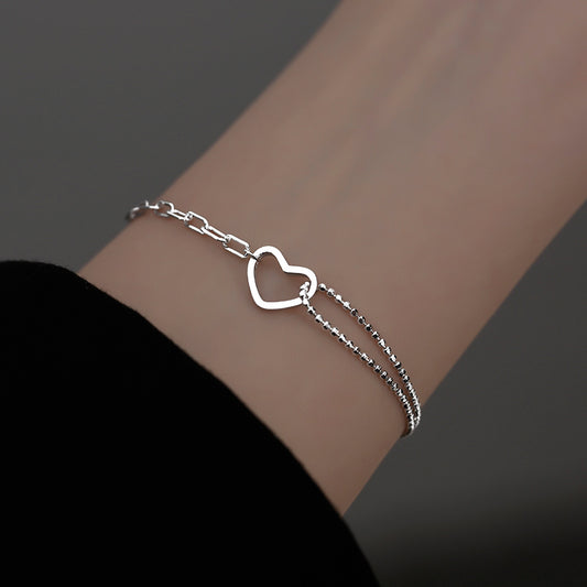 Sterling Silver Mixed Paperclip Heart Bracelet
