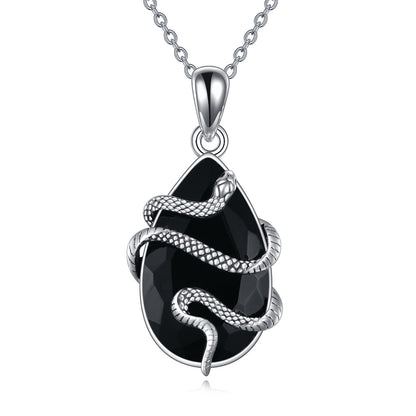 Sterling Silver Obsidian-Tourmaline Snake Pendant Necklace
