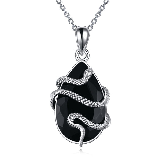 Sterling Silver Obsidian-Tourmaline Snake Pendant Necklace