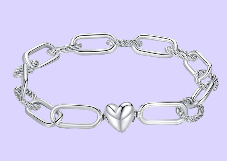 Silver Paper Clip Bracelet 925 Sterling Silver Heart Love Chain Bracelets for Women Engagement Jewelry Gift SCB202