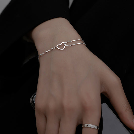 Sterling Silver Mixed Paperclip Heart Bracelet