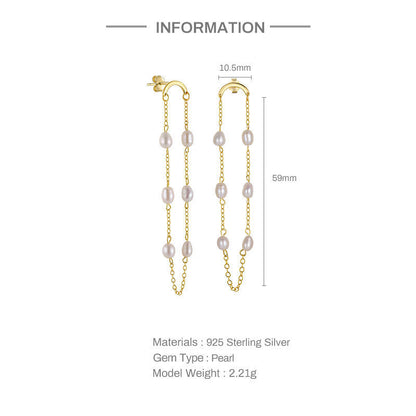 Sterling Silver Pearl Chain Tassel Dangel Earrings