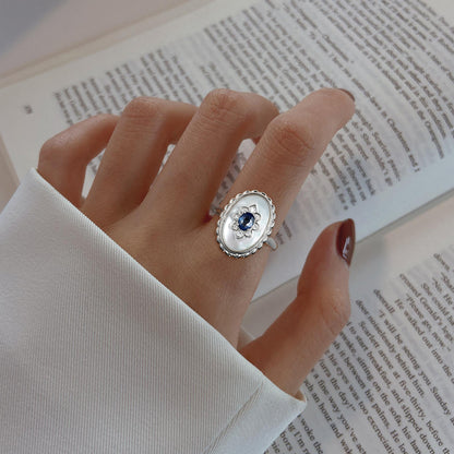 Sterling Silver Art Deco Framed Sapphire Coin Ring