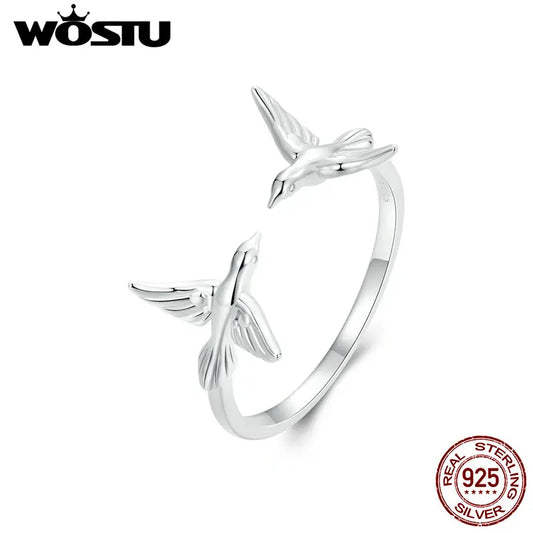 Real 925 Sterling Silver Double Kingfisher Opening Ring for Women Cute Bird Stackable Rings Jewelry Gift Party Accessories