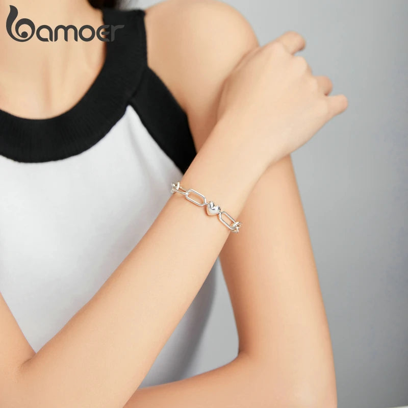 Silver Paper Clip Bracelet 925 Sterling Silver Heart Love Chain Bracelets for Women Engagement Jewelry Gift SCB202