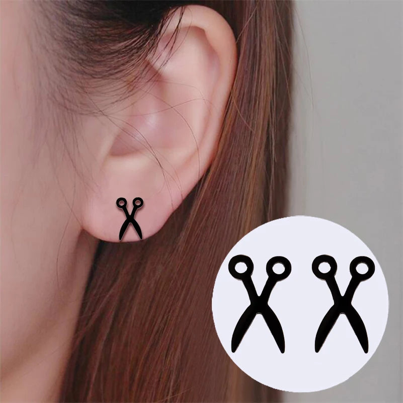 Simple Scissor Earrings Fashion Black Color Stainless Steel Stud Earings for Women Party Fancy Jewelry Boucle D'Oreille