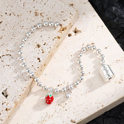 Sterling Silver Tiny Strawberry & Bell Silver Bead Bracelet