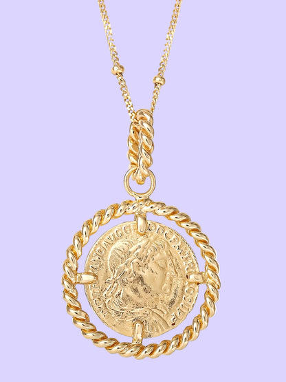 Women’S Gold Plated Sterling Silver Coin Pendant, 18” Beaded Chain