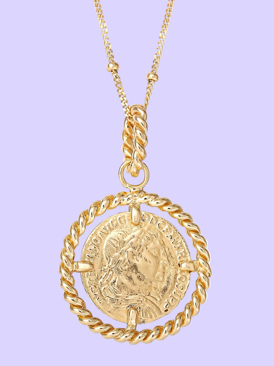 Women’S Gold Plated Sterling Silver Coin Pendant, 18” Beaded Chain