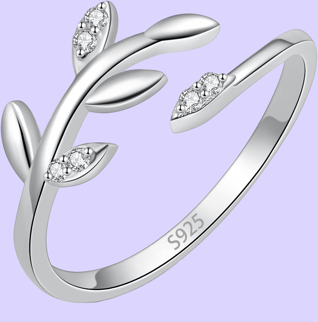 925 Sterling Silver Olive Leaf Adjustable Ring Open Ring Jewelry Gift for Women Teens Lovers