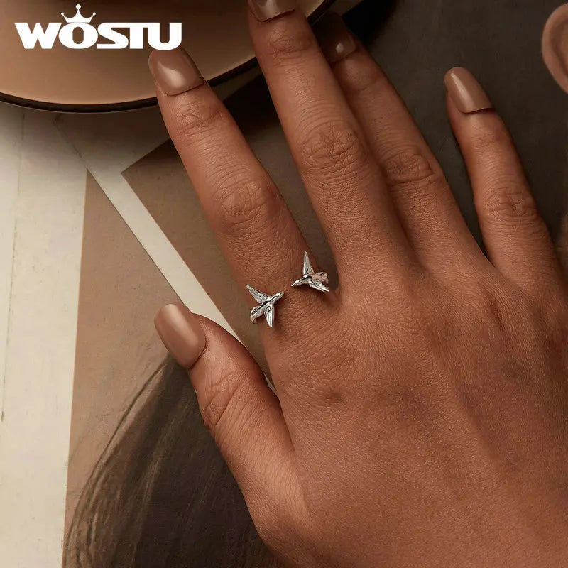 Real 925 Sterling Silver Double Kingfisher Opening Ring for Women Cute Bird Stackable Rings Jewelry Gift Party Accessories
