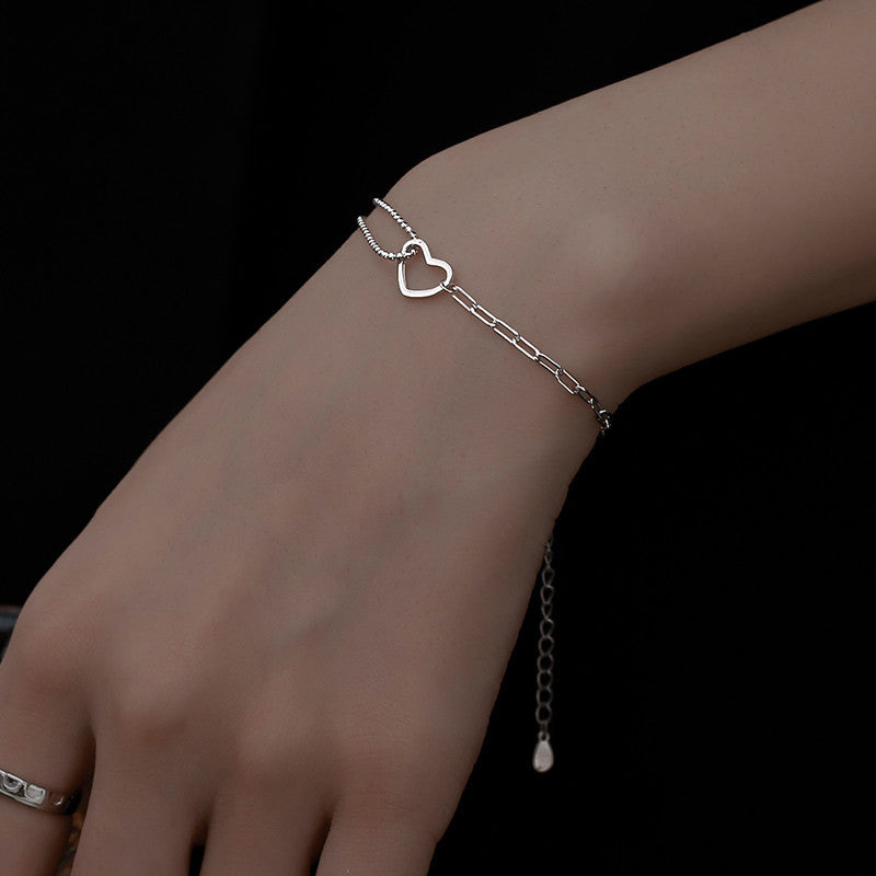 Sterling Silver Mixed Paperclip Heart Bracelet