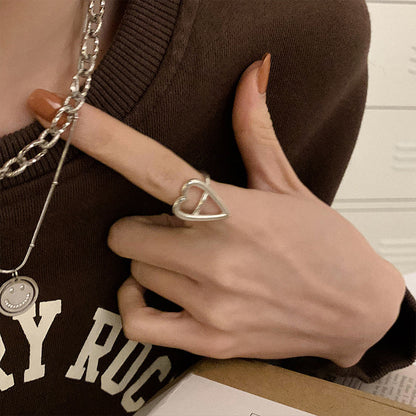 Sterling Silver Long Hollow Heart Multilayer Ring