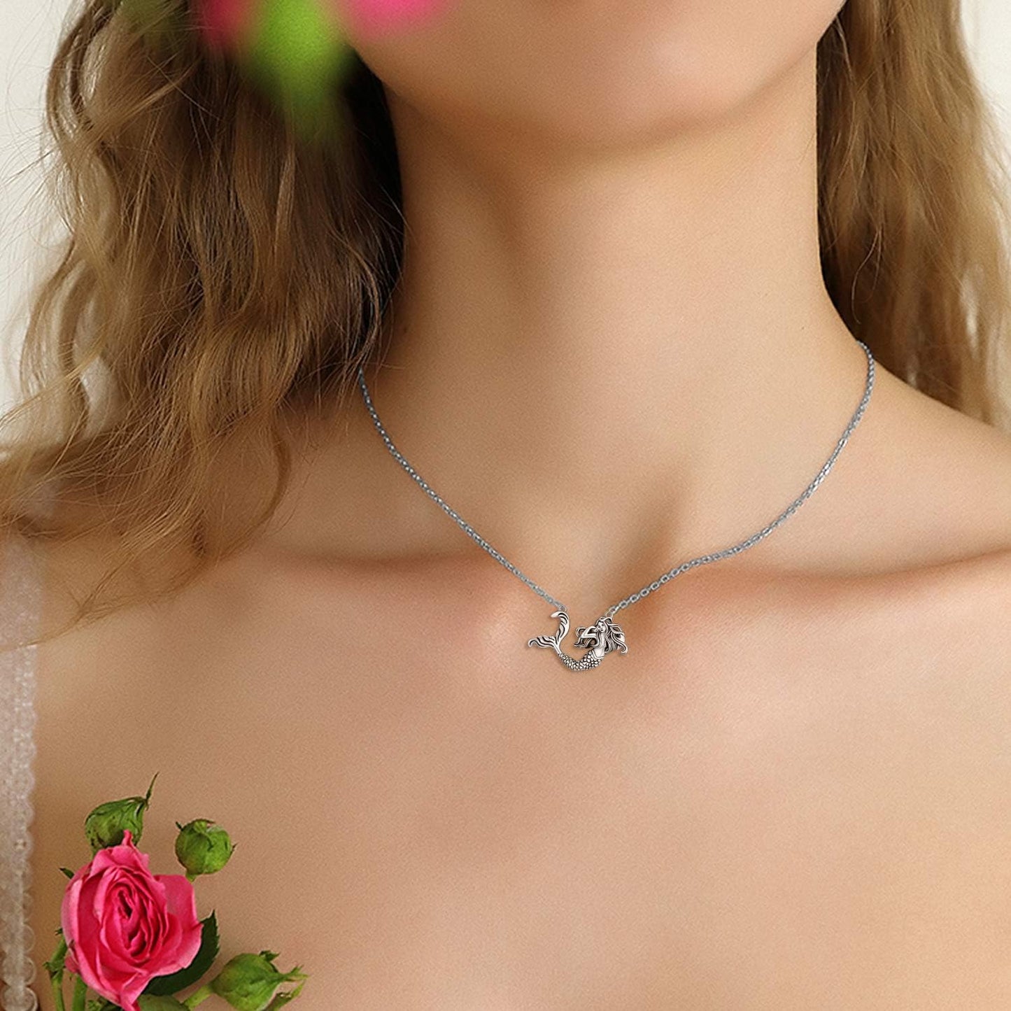 Mermaid Necklace, 925 Sterling Silver Rose Pendant Necklace Jewelry Gift for Women Girls Mother or Dauther
