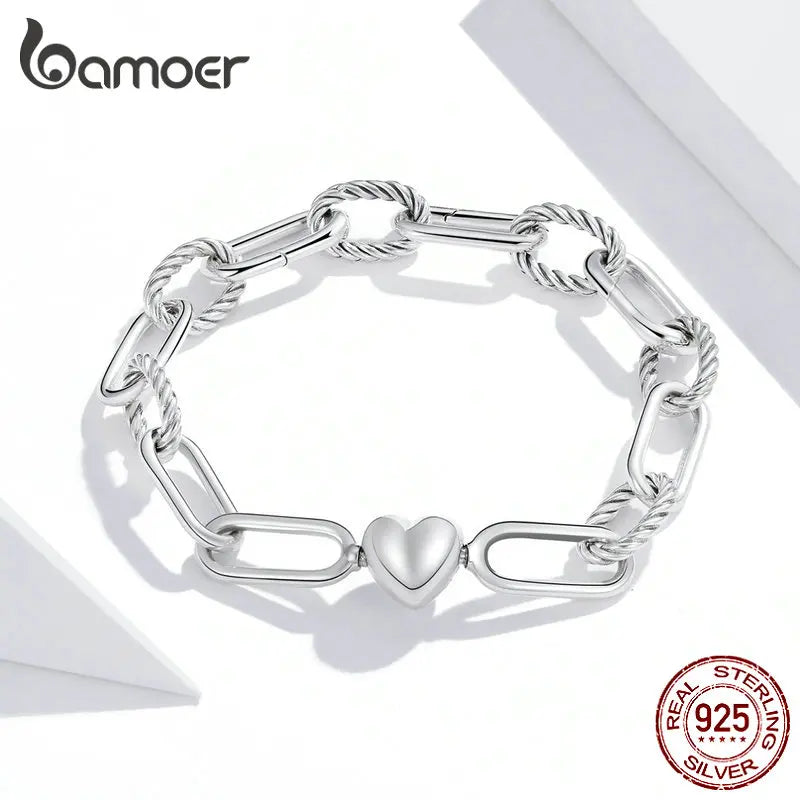 Silver Paper Clip Bracelet 925 Sterling Silver Heart Love Chain Bracelets for Women Engagement Jewelry Gift SCB202
