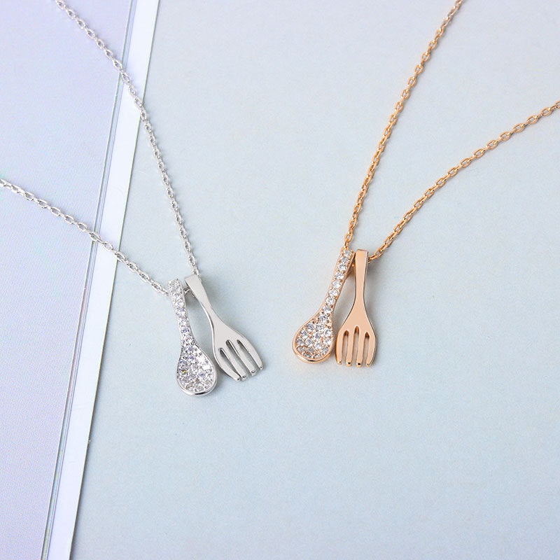 Sterling Silver Pave Spoon with Fork Necklace