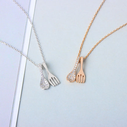 Sterling Silver Pave Spoon with Fork Necklace