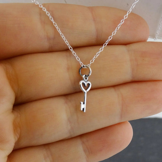 Sterling Silver Tiny Heart Skeleton Key Charm Necklace, 18" Chain