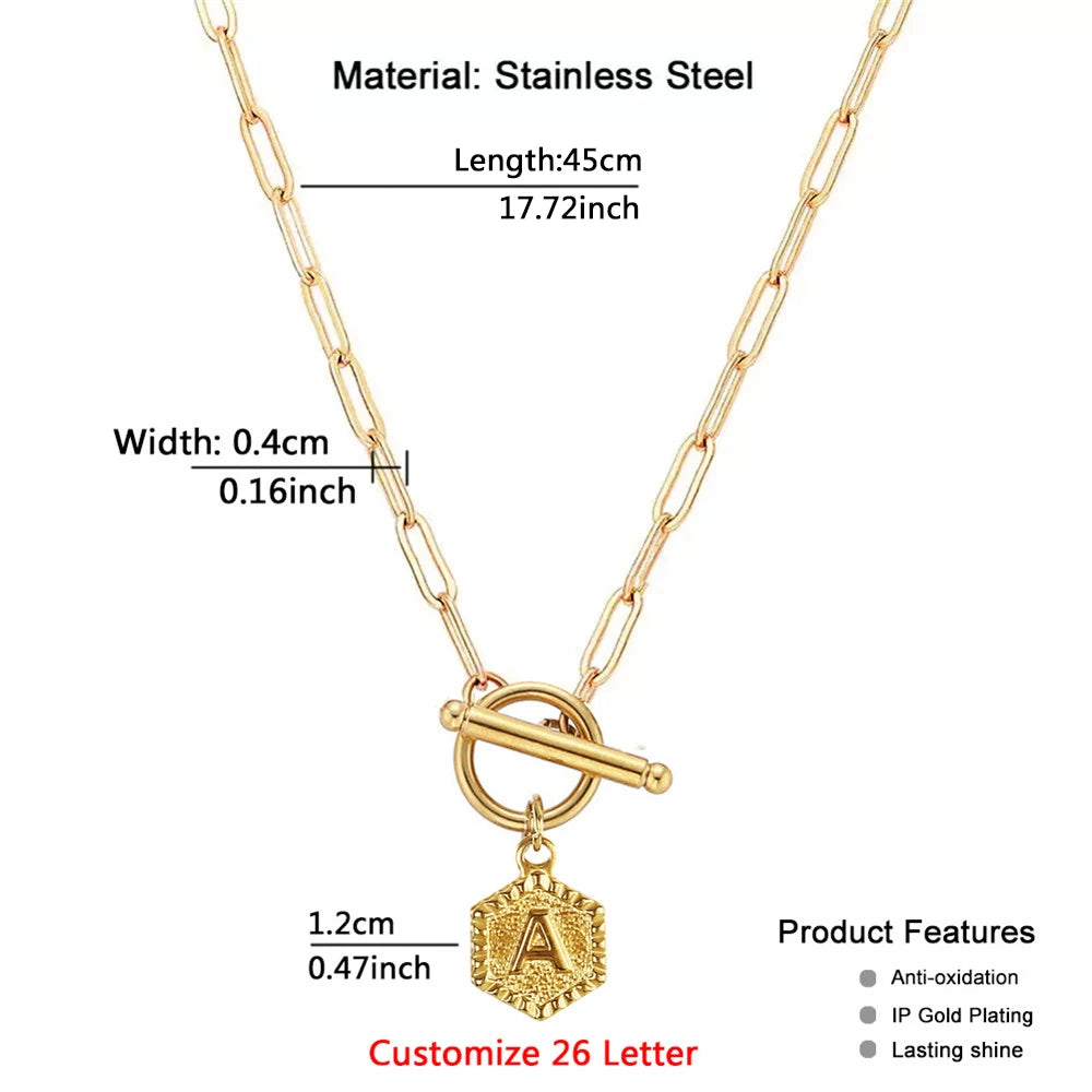 Stainless Steel Geometry Tag 26 Letter Initial Pendant Necklaces for Women Alphabet Toggle Choker Necklace Name Jewelry