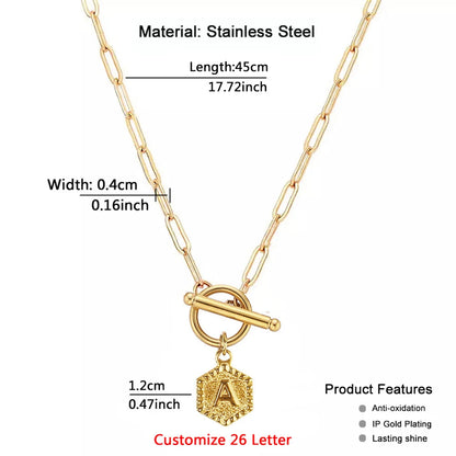 Stainless Steel Geometry Tag 26 Letter Initial Pendant Necklaces for Women Alphabet Toggle Choker Necklace Name Jewelry