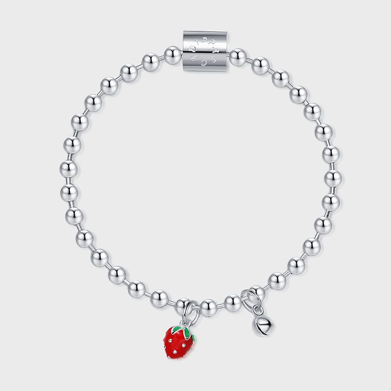 Sterling Silver Tiny Strawberry & Bell Silver Bead Bracelet