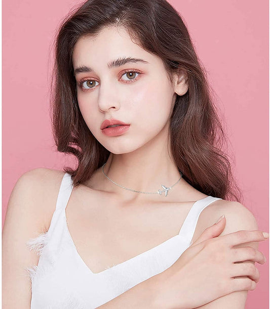 Airplane Sideways Choker Necklace S925 Sterling Silver Aircraft Jelwery Adjustable Clavicle Necklace 15+3 Inch for Women Lady, Best Gifts for Stewardess Flight Attendants