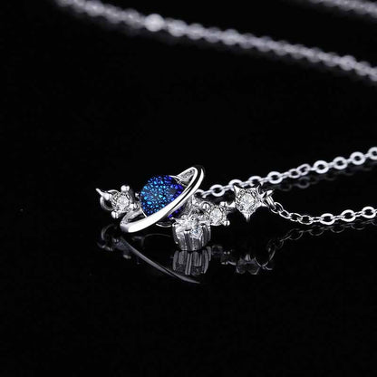 Sterling Silver Saturn & Stars Necklace