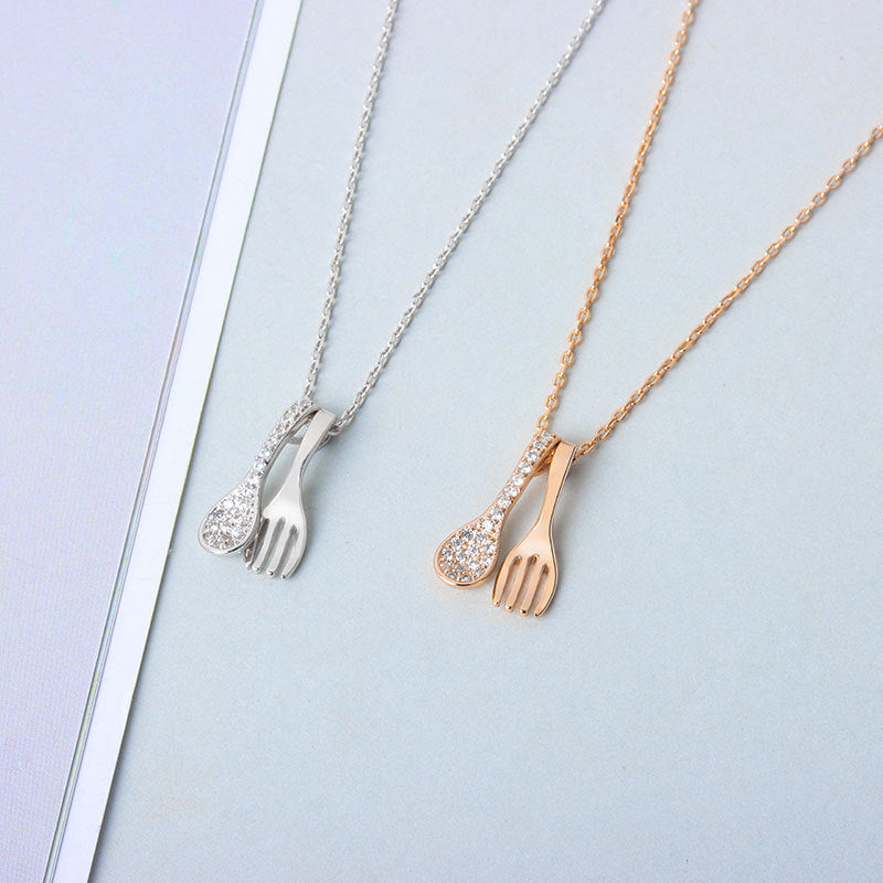 Sterling Silver Pave Spoon with Fork Necklace